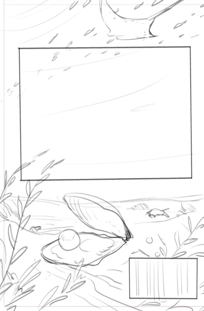 croquis de la quatrième de couverture réalisé par Blutopy pour La sirène de Malcor, écrit par Solène Chartier